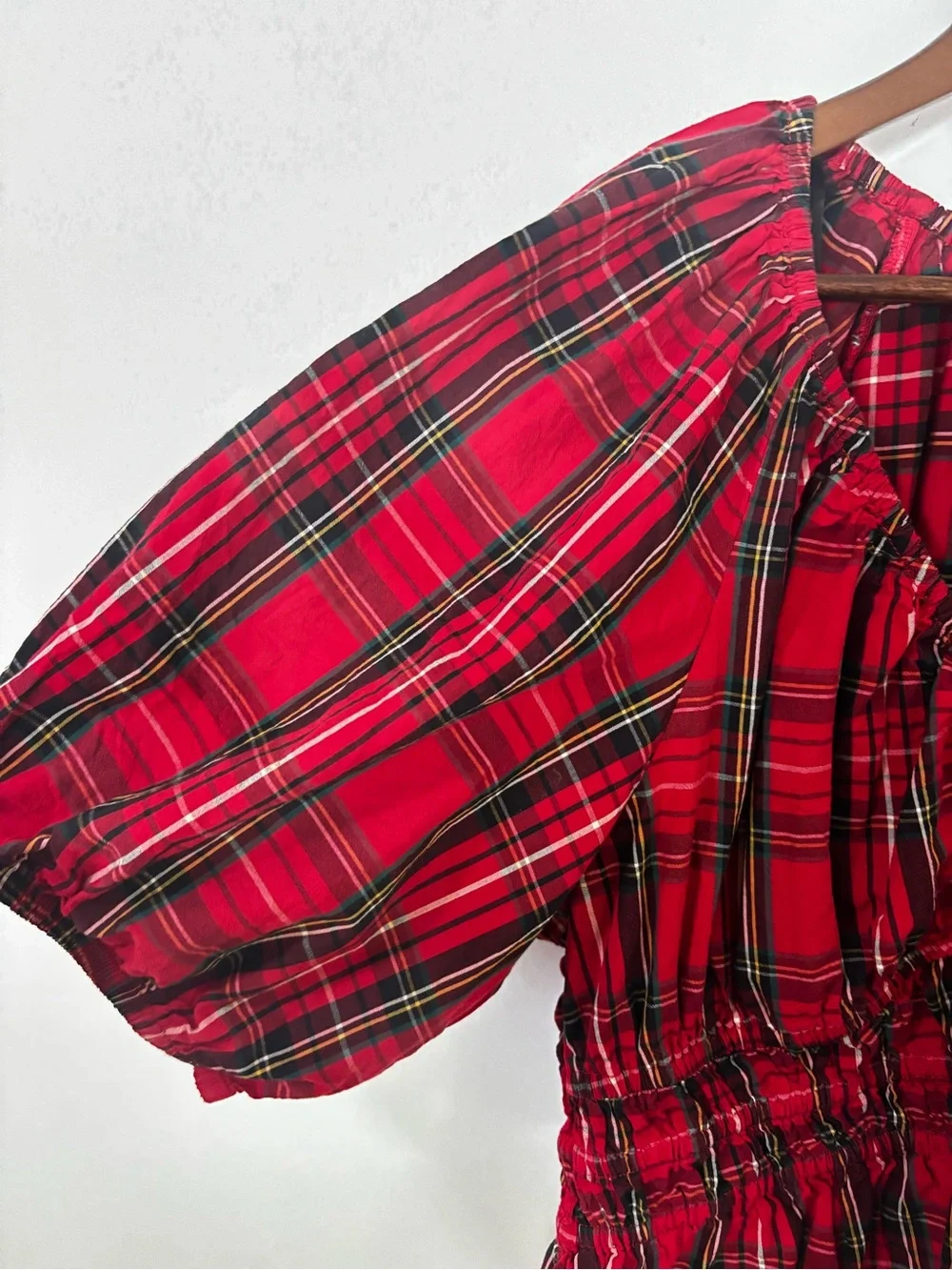 Old Navy Red Tartan Plaid Puff Sleeve Smocked Peplum Top Size L Cottagecore